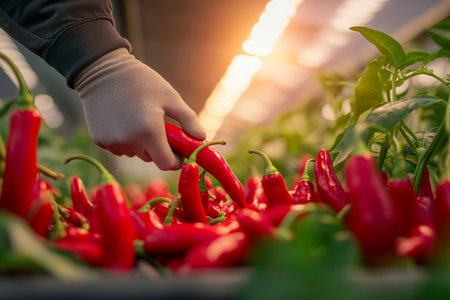 A farmer examines ripe red chili peppers growing in a greenhouse filled with warm light, focusing on selecting the best produce for the harvest.の素材