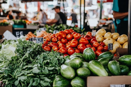 Seasonal vegetables fill a bustling farmer's market stand under vibrant tents. Shoppers engage with vendors while selecting fresh greens and colorful produce.の素材