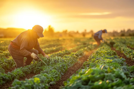 Farmers are busy harvesting vegetables in a vibrant field as the sun rises, casting warm golden light over the lush greenery. Their dedicated work highlights the beauty of agriculture.の素材