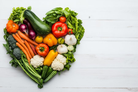 Colorful fresh vegetables including carrots, peppers, and lettuce are artistically arranged in a heart shape. This display emphasizes the importance of healthy eating and nutrition practices.の素材