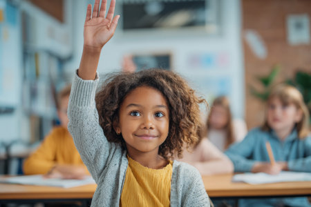 A young girl with curly hair raises her hand in a classroom while sitting at a desk. Other students are seated in the background, studying and listening to the teacher.の素材