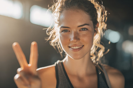 A person smiles and holds up two fingers at a fitness center. The sunlight shines through windows and highlights the cheerful expression. The atmosphere reflects energy and joy.の素材