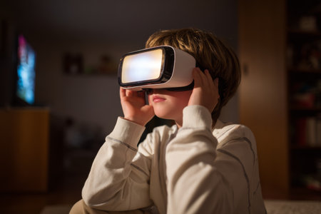 A child is seated and focused while wearing a virtual reality headset in a living room. The room has dim lighting and a television is visible in the background.の素材