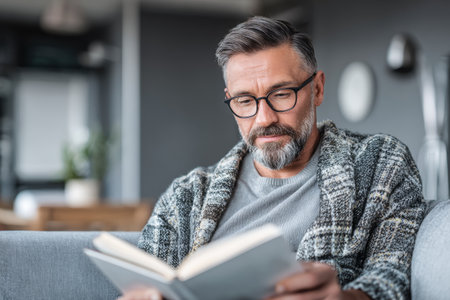 A man sits on a gray couch in a modern living room, focused on reading a book. The room features simple decor and natural light coming through a window.の素材