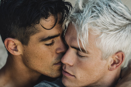 Two young men are embracing closely while one kisses the neck of the other. The backdrop shows soft lighting. Their expressions reveal affection and warmth in this shared moment.の素材