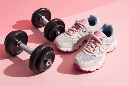 Dumbbells and a pair of sneakers are placed on a pink surface. The workout gear is prepared for an exercise session, suggesting indoor fitness activity in bright light.の素材