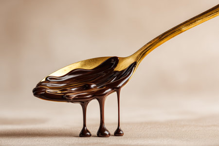 A gold spoon is holding rich dark chocolate that is dripping down the sides. The focus is on the texture of the chocolate against a simple background in a kitchen setting.の素材