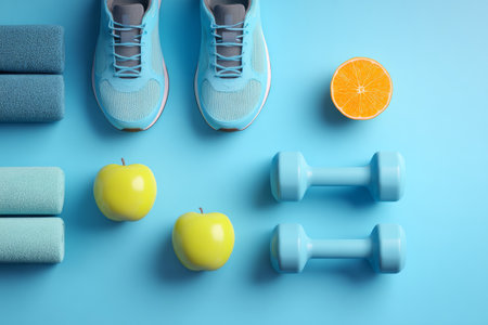 Workout gear is arranged on a blue background. Blue shoes sit next to dumbbells. Two green apples and a sliced orange add color. Fitness towels complete the scene.の素材