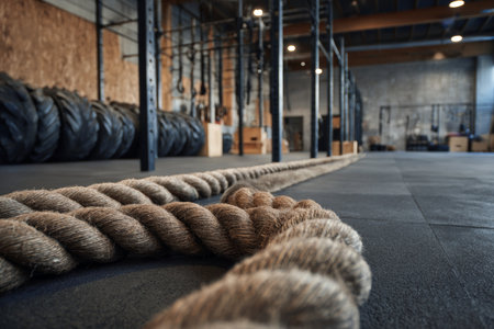 The workout area shows thick ropes laid out on the black rubber floor. In the background, large tires and various gym equipment are arranged. Natural light comes from windows.の素材