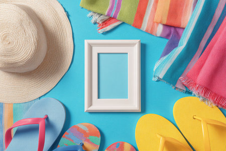 Colorful flat lay showcases a modern frame mockup in the center, decorated with a straw hat, bright flip-flops, and vibrant towels that evoke summer vibes at the beach.の素材