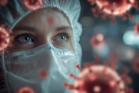A person in protective gear gazes ahead, symbolizing hope and the quest for a future without diseases. Vibrant, floating virus images represent challenges faced in healthcare.の素材