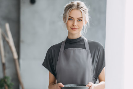 Young woman with light hair holds a bowl of hair dye while wearing a sleek gray waterproof apron in a bright salon. Her confident smile adds to the professional atmosphere of the workspace.の素材