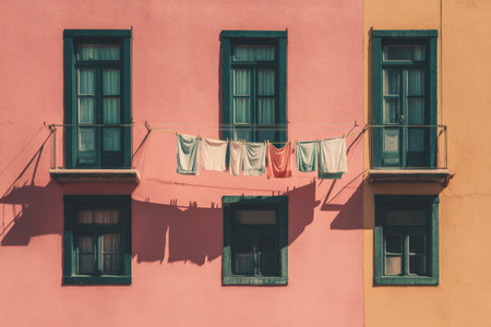 Bright pink walls and dark green window frames create a striking background for clothes gently swaying on a line between windows, illuminated by the sun.の素材