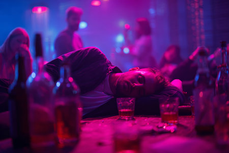 A person rests on a table, surrounded by empty bottles and glasses, showing the exhaustion after a lively party. Colorful lights create an energetic yet tired atmosphere.の素材