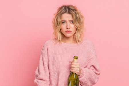 A young woman stands with a bottle of champagne on a pink background, showing signs of a hangover after a fun party night with friends.の素材