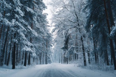 Snow blankets tall pine trees on either side of a quiet road, creating a peaceful winter atmosphere. The soft light filters through the branches, enhancing the serene ambiance.の素材