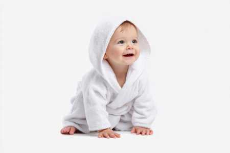 A happy infant is crawling on a bright white background, wearing a soft white hooded robe. The child exhibits a joyful expression, radiating innocence and curiosity.の素材