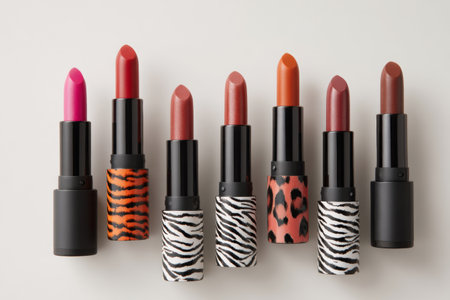A display of lipsticks in multiple colors and shapes is set against a plain background. The collection includes several patterns and shades like pink, red, and orange.の素材