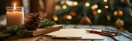 A warm and inviting holiday setting showcases a lit candle, a pinecone, and blank stationery placed on a wooden table beside a beautifully adorned Christmas tree.の素材