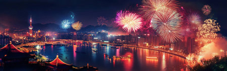Colorful fireworks burst in the night sky, lighting up a bustling cityscape along the waterfront, creating a lively atmosphere during a festive celebration.の素材