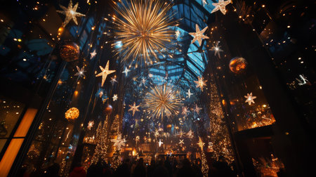 Visitors enjoy a festive atmosphere filled with shimmering lights and decorations, as star-shaped ornaments and trees enhance the holiday spirit in a cozy indoor environment.の素材