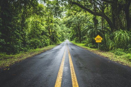 A tranquil road runs straight through dense green vegetation, with vibrant trees lining both sides and a sign marking the year 2025 positioned nearby.の素材