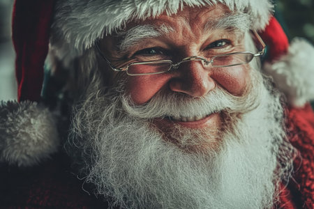 A joyful man wearing a red Santa hat and glasses smiles broadly, embodying the spirit of Christmas cheer with his fluffy white beard and bright eyes.の素材