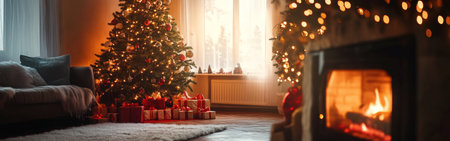 A warm living room showcases a beautifully decorated Christmas tree, twinkling lights, and a crackling fireplace, setting a perfect holiday atmosphere with colorful gifts beneath the tree.の素材