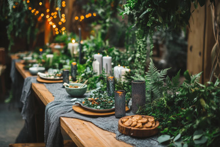 A beautifully arranged outdoor dining table is filled with lush greenery, candles, and delightful dishes. The warm glow of lights enhances the inviting atmosphere for guests.の素材