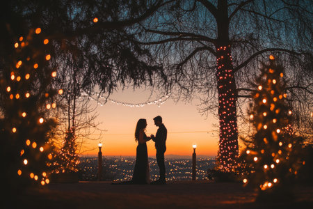 One partner kneels to propose to the other in a romantic outdoor setting, surrounded by glowing lights and a breathtaking sunset backdrop.の素材