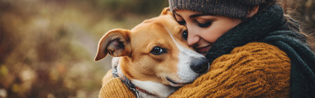 A joyful moment captures a person hugging their dog in a natural setting, adorned with heart-shaped toys, showcasing the deep affection shared between them.の素材