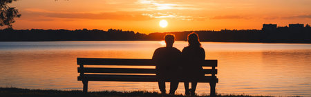 A couple enjoys a serene moment on a bench by a lake, surrounded by a beautiful sunset that casts a golden-pink light, evoking warmth and tranquility.の素材