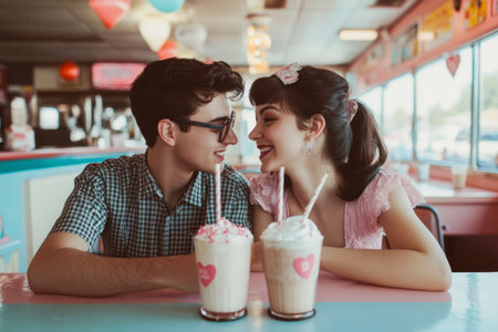 A couple dressed in 1950s attire enjoys a milkshake with two straws at a retro diner adorned with paper hearts and pink roses, radiating romance and nostalgia.の素材