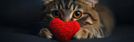A serene cat cradles a knitted red heart, displaying a gentle expression. The soft focus on its fur and the cozy atmosphere create a delightful, loving vibe.の素材