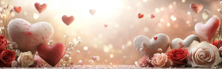 A beautiful display of heart-shaped decorations and vibrant roses set against a shimmering, softly lit background, creating a romantic atmosphere.の素材