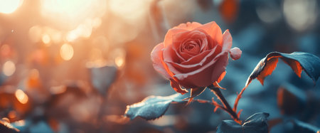 In a tranquil garden, a single pink rose stands out against a backdrop of colorful autumn leaves as the golden sunlight enhances its beauty.の素材