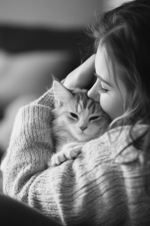 A young woman gently cuddles her gray kitten, radiating warmth and affection in a cozy indoor setting during a calm afternoon.の素材
