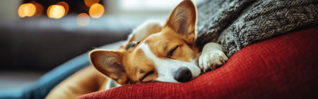 A corgi relaxes comfortably on a vibrant red couch, enjoying a restful nap while surrounded by the warm ambiance of a cozy living room in winter.の素材