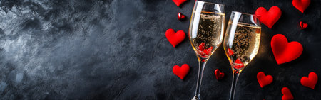 Two elegant champagne glasses are filled with bubbly drink, surrounded by red hearts on a dark surface, creating a romantic atmosphere for a special celebration.の素材