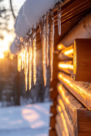 As the sun sets behind the trees, icicles glisten on a wooden cabin, reflecting warm light amid a beautiful winter landscape blanketed in snow.の素材