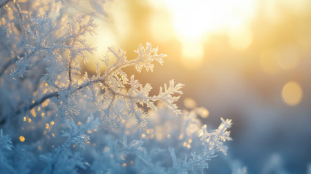 Delicate frost clings to branch tips, sparkling as the warm morning sun breaks through, casting a warm glow over the winter landscape.の素材