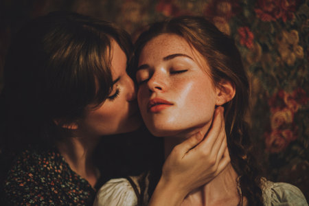 Two girls share a moment as one kisses the others cheek. The girl kissing has her hand softly on the others neck. They are in a cozy indoor space with soft lighting.の素材