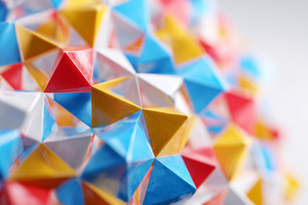This design features a complex arrangement of irregular polygon shapes in various colors. The artwork showcases sharp details and high resolution, positioned on a clean white background.の素材