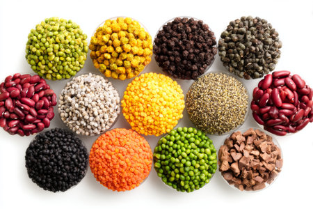 Different types of colorful foods are neatly arranged in circular bowls. Each bowl showcases a mix of grains and legumes, all set against a white background with clear focus.の素材