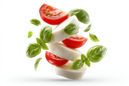 Sliced mozzarella, fresh basil leaves, and ripe tomatoes appear to fall against a plain white background. The colors blend well and create a striking visual effect.の素材
