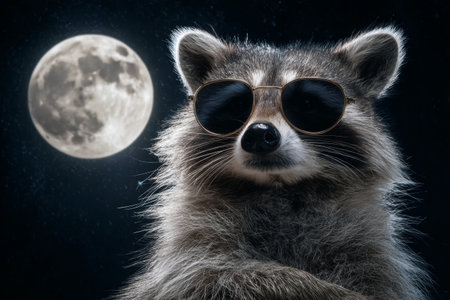 A raccoon is sitting calmly at night, wearing sunglasses and looking directly ahead. The bright moon is visible in the background against a dark sky.の素材