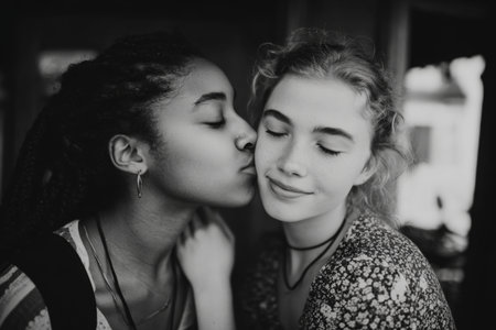 Two girls share a tender moment as one kisses the others cheek. The girl being kissed has a gentle smile while the other holds her neck softly. The setting appears to be relaxed and natural.の素材