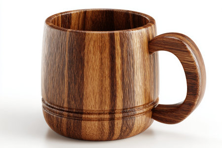 A wooden mug stands on a white background showing its natural wood grain and craftsmanship. The light creates highlights on its surface, revealing the unique texture and color.の素材
