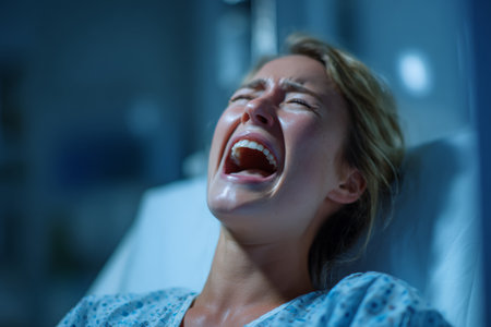 A woman lies in a hospital room, sweating and screaming in pain. She is in distress and appears to be receiving medical attention in this high-resolution scene.の素材
