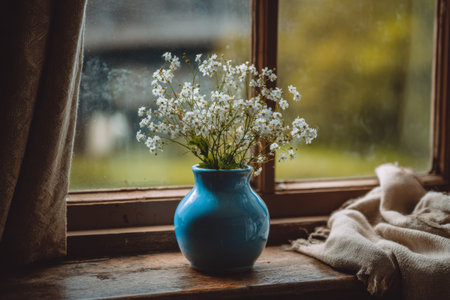 A blue vase holds white flowers on a wooden window sill. The scene captures a cozy moment in a cottage with the countryside view outside the window. Soft light fills the space.の素材